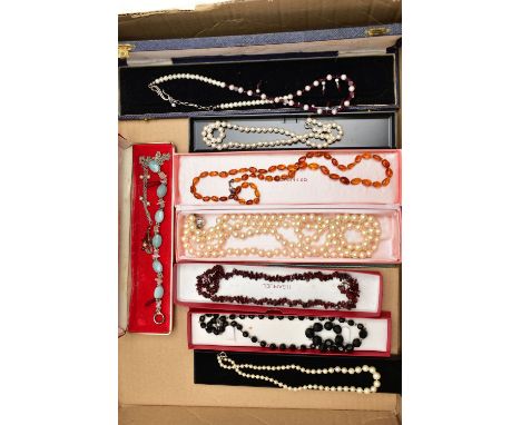 A BOX OF COSTUME JEWELLERY, to include a garnet bead necklace fitted with a lobster clasp, two cultured pearl necklaces fitte