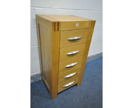 A TALL LIGHT OAK CHEST OF FIVE DRAWERS, width 52cm x depth 42cm x height 100cm