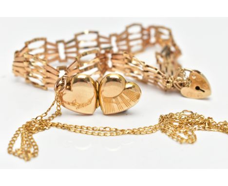 A 9CT GOLD GATE BRACELET AND 9CT GOLD LOCKET WITH CHAIN, the first a fancy spiral link gate bracelet, with padlock clasp, bra
