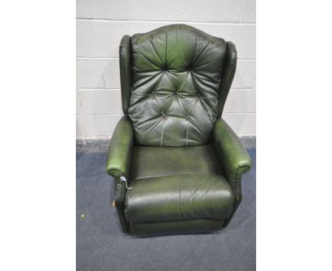 A GREEN LEATHER MANUAL RECLINING BUTTONED WING BACK ARMCHAIR, width 78cm (condition - some discolouration)