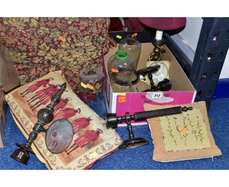 TWO BOXES OF LAMPS AND CUSHIONS, to include one box of assorted cushions, a small Laura Ashley table lamp, three metal wall m