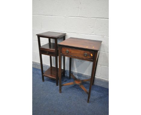 A GEORGIAN MAHOGANY LAMP TABLE, with a single drawers, on square tapered legs, united by a cross stretcher, width 48cm x dept