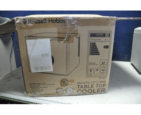 A RUSSELL HOBBS RHCLRF17 TABLE TOP COOLER white 17 litre table top cooler in brand new condition in original box with instruc