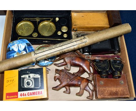 A BOX AND LOOSE SUNDRY ITEMS AND PICTURES ETC, to include a pair of leather cased J.D Moeller Tourex 8 magnification binocula
