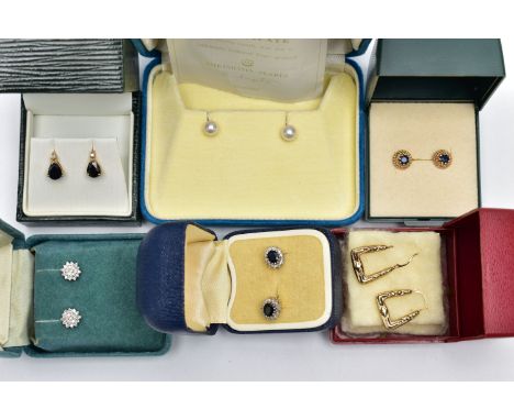 A SELECTION OF STUD EARRINGS, to include a pair of 9ct yellow gold, single cut diamond cluster stud earrings, post and scroll