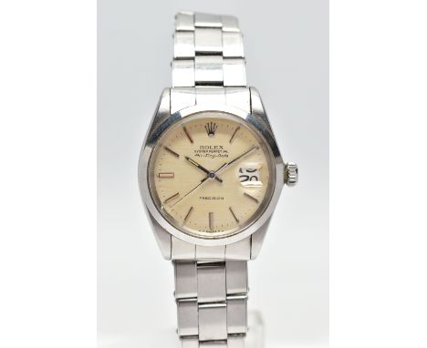 A STAINLESS STEEL 'ROLEX' OYSTER PERPETUAL, automatic movement, round champagne dial, signed 'Rolex' Oyster perpetual Air-Kin