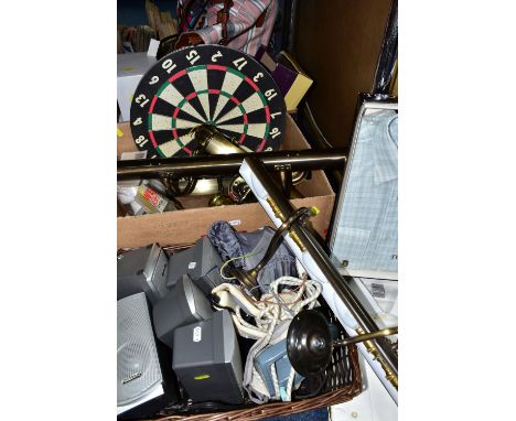 TWO BOXES OF MODERN LIGHT FITTINGS AND ELECTRICAL SUNDRIES, to include five small Panasonic surround sound speakers model SB-