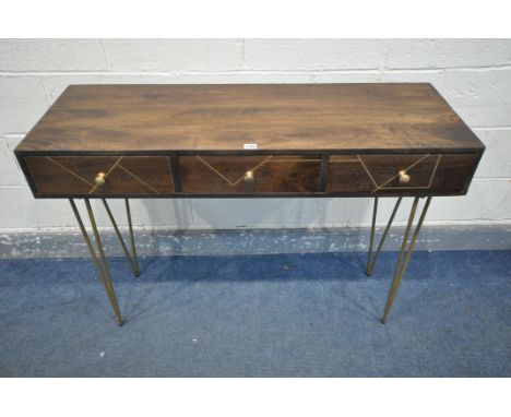 A TAHLIA WALNUT THREE DRAWER CONSOLE TABLE, on hairpin legs, length 115cm x depth 44cm x height 84cm, and a boxed Dunelm Madi