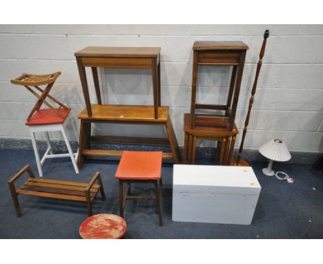 A SELECTION OF OCCASIONAL FURNITURE, to include a high stool, a nest of three tables, piano stool, five various stool, a pain