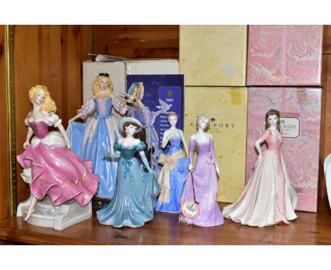 FOUR COALPORT FINE BONE CHINA FIGURINES WITH TWO FRANKLIN MINT 1988 FIGURINES, comprising three Coalport 'Ladies of Fashion' 