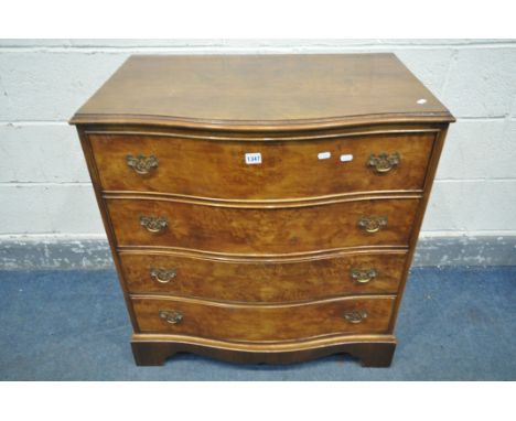 A GEORGIAN STYLE WALNUT BOW FRONT CHEST OF FOUR LONG DRAWERS, on bracket feet, length 79cm x depth 50cm x height 84cm (condit