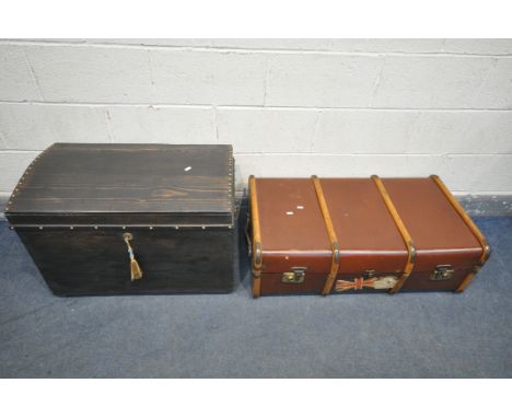 AN OVER PAINTED DOME TOP TRUNK, with twin metal handles., width 75cm x depth 45cm x height 54cm, along with a wooden banded t