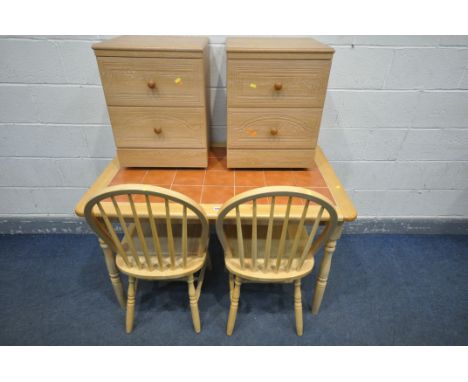 A MODERN BEECH AND TILE TOP KITCHEN TABLE, length 121cm x depth 76cm x height 74cm, along with two chairs, and a pair of two 