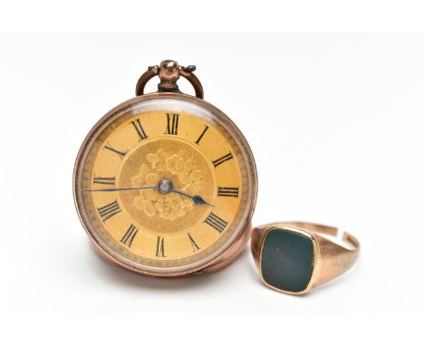 A 9CT GOLD RING AND YELLOW METAL POCKET WATCH, a yellow gold AF signet ring, inlay set with bloodstone, hallmarked Birmingham