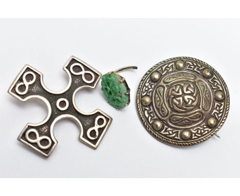 TWO SCOTTISH SILVER BROOCHES, the first a silver cross, detailed with four infinity symbols, approximate width 41mm, fitted w