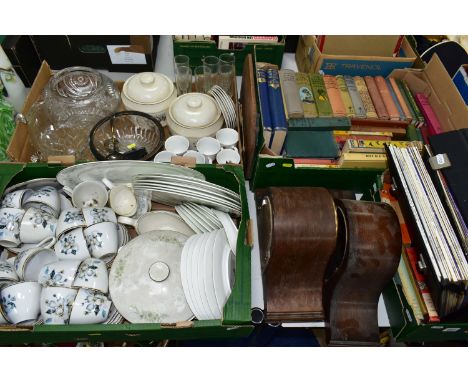 FOUR BOXES AND LOOSE CERAMICS, GLASS, BOOKS, RECORDS AND SUNDRIES, to include a twenty two piece Wedgwood Westbury part dinne