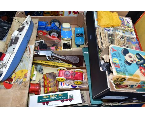 THREE BOXES OF VINTAGE TOYS AND JIGSAWS, to include a balsa wood aircraft making kit, a Tri-ang part-boxed 'British Adventure