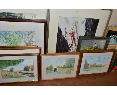A QUANTITY OF PAINTINGS AND PRINTS, to include oils on board and pen and wash drawings depicting London scenes and abstract s