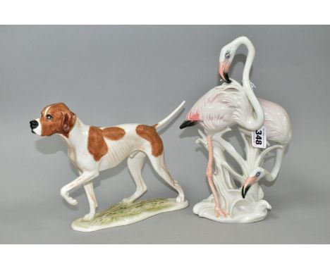 A GOEBEL POINTER FIGURE AND A KARL ENS FIGURE GROUP OF FLAMINGOS, the brown and white pointer with impressed numbers '30 643-