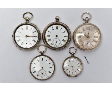 FIVE SILVER OPEN FACE POCKET WATCHES, the first a large silver pocket watch, key wound, silver and gilt dial with floral deta