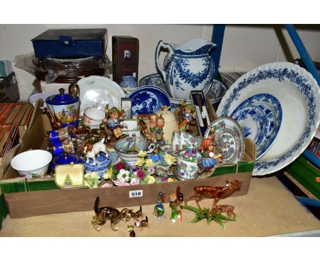 ONE BOX OF CERAMICS AND ORNAMENTS to include a Coalport 'His Master's House'  and 'Village Church' figures, a Beswick terrier