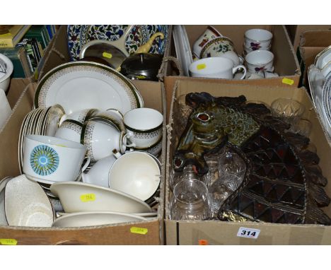 FOUR BOXES OF CERAMICS, GLASSWARES AND METALWARES, to include a Wye Pottery Horse plaque by Adam Dworski, decorated in jewel 