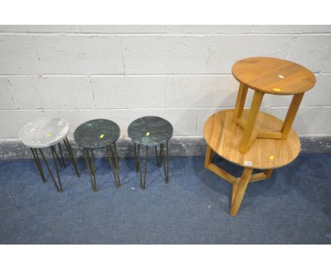 A LIGHT OAK CIRCULAR OCCASIONAL TABLE, diameter 50cm x height 42cm, a smaller matching table, a pair of small onyx circular p