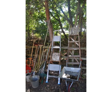 A SELECTION OF GARDEN ITEMS, to include a quantity of garden hand tools, three ladders including an aluminium ladder, two gal