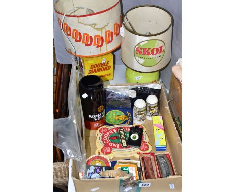 A BOX AND LOOSE BREWERIANA AND SUNDRY ITEMS, to include Double Diamond and Skol table lamps with shades (sd, require rewiring
