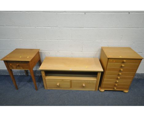 A LIGHT OAK TV STAND, with two drawers, a chest of four drawers, and a single drawer side table (3)