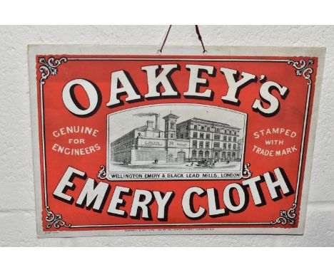 A PAIR OF VINTAGE CARDBOARD ADVERTISING SHOW CARDS, the largest a coloured sign for 'Oakey's Knife Polish' printed by 'C John