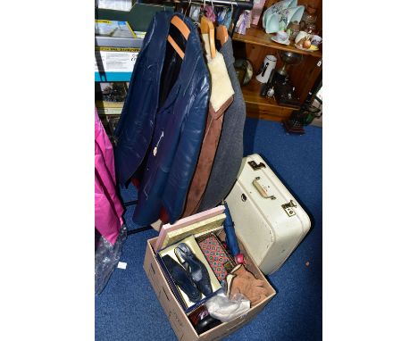 A GROUP OF VINTAGE CLOTHING comprising a ladies blue leather mid length jacket, a men's oxblood leather jacket, a men's light