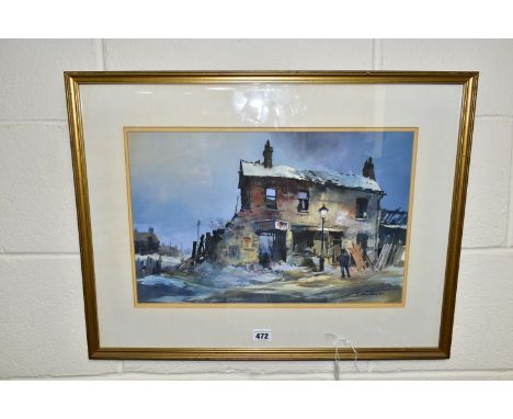 GEORGE BUSBY (BRITISH 1926-2005) 'SILENT BUILDING', an atmospheric portrayal of a derelict building in winter, a lone figure 