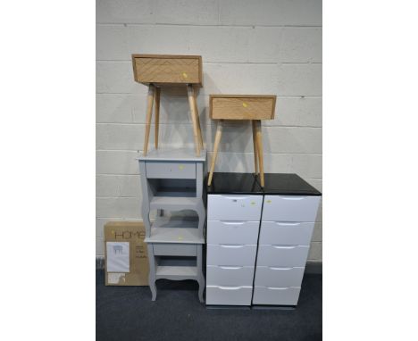 A PAIR OF MODERN TALL CHEST OF FIVE DRAWERS, width 39cm x depth 40cm x height 113cm, a pair of grey painted single drawer bed