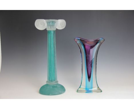 A large Murano Cenedese turquoise and frosted glass candlestick in the form of a collumn, 45.5cm high, and an amethyst and tu