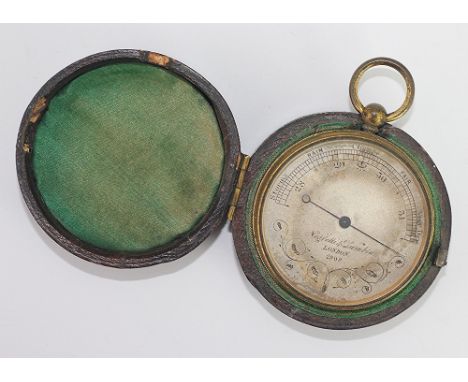 A late 19th century lacquered brass pocket barometer, the silver sial signed Negretti & Zambra London 2908, in leather case