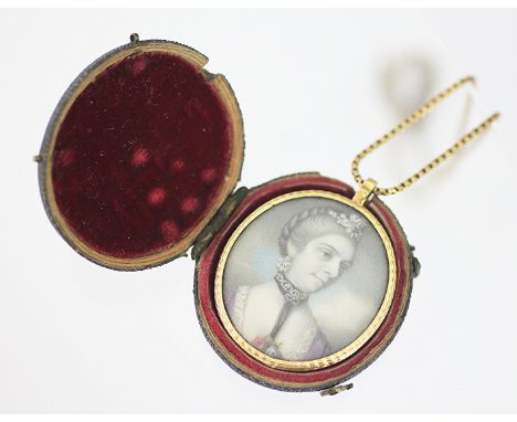 A portrait miniature pendant, late 18th century, watercolour on ivory depicting a lady with plated hair, wearing tiara, choke