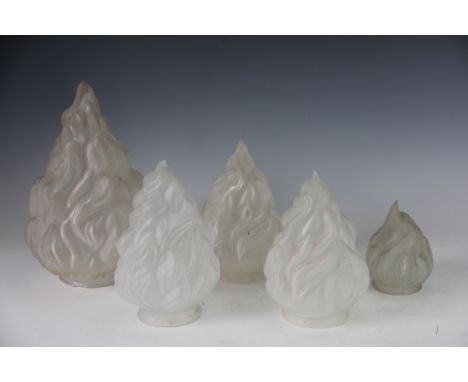 A collection of five frosted glass 'flame shaped' lamp shades, the largest 27cm, with three middle size and one smaller (5) (
