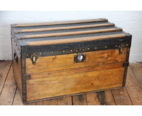 A Louis Vuitton vintage steamer trunk, metal and ash bound, the brass outer buttons stamped Louis Vuitton, the lock stamped S