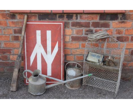 An assortment of garden tools, vintage galvanized items and a British Rail sign (Qty)