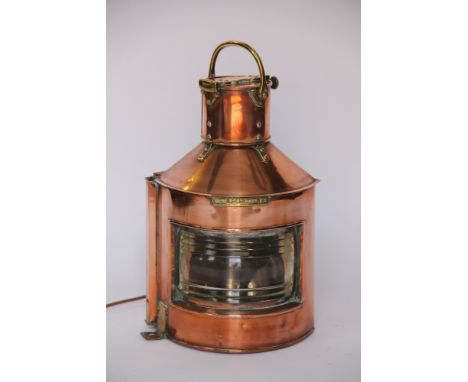 A copper and brass shop corner light, with brass plate for 'Bow, Port Patt 23', 41cm high (converted for electricity)