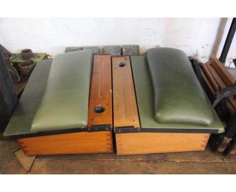 A pair of Vintage beech school desks with green leatherette tops and seats, with a pair of hunting prints (4)