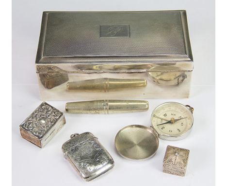 A silver rectangular cigarette box, William Adams Ltd, Birmingham 1932, engine turned cover initialled 'P', 16.5cm wide, alon