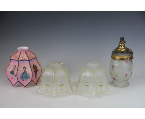 A Czechoslovakian opaque glass light shade by Silva Silk, decorated with various female dancers against a pink ground, 16cm, 