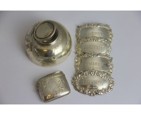 Four silver decanter labels 2 x Sherry, Brandy and Whisky, 20th century in Georgian style, along with a silver desk inkwell a
