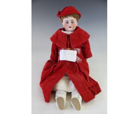 A porcelain head doll, early 20th century, the bisque head doll numbered '309.9', with sleeping blue eyes and open mouth, por