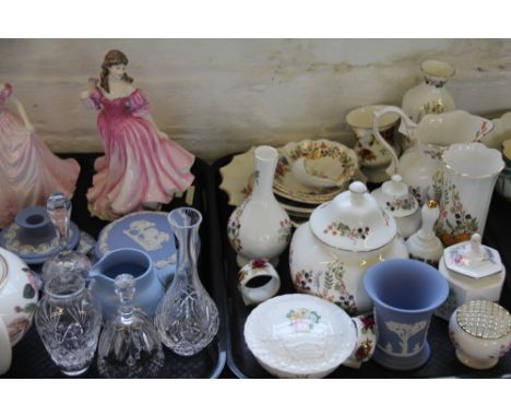 Three trays containing a quantity of decorative china and glass, to include; Aynsley Somerset pattern vases, Wedgwood Hathawa