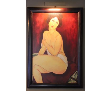 Susie Ray - Modern British,
oil on canvas,
Portrait of a seated nude after Modigliani,
in Macassar ebony cushion frame,
99cm 