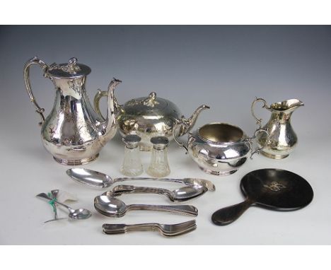 A collection of silver plate to include; a four piece tea service, silver plated cutlery and two silver mounted cut glass pep