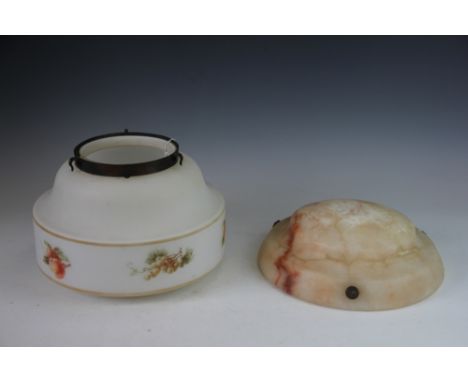 An early 20th century alabaster plafonnier, 30.5cm diameter, with an opaque glass ceiling light decorated with fruit, (2)